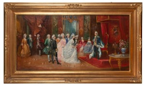 MORENAL, (French court scene), oil on canvas, signed lower left "Morenal", 59 x 118cm, 86 x 146cm overall