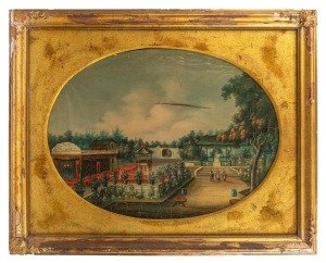 CHINA TRADE PAINTING, oval court garden scene (18th/19th century), oil on canvas laid down on board, 32 x 43cm, 45 x 57cm overall