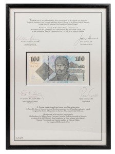 A framed $100 Mawson banknote, countersigned by the original signatories circa 2000, Tony Cole (Secretary to the Treasury) and Bernie Fraser (Governor of the Reserve Bank), mounted framed and glazed with the original signatures of the then Governor Genera