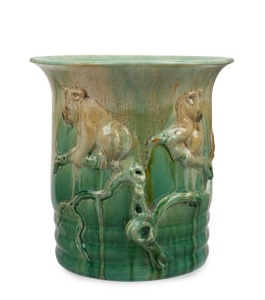 REMUED impressive green glazed pottery vase adorned with two koalas perched on branches, rare, incised "Remued, Hand Made, C2", 21cm high, 21cm wide