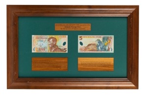 SIR EDMUND HILLARY (1919 - 2008) signed New Zealand $5 banknote depicting him and Mount Everest on the front (where he has signed) and a yellow-eyed Antarctic penguin on the reverse of a second $5 banknote. Mounted, framed and glazed for the Antarctic Her