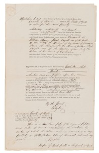 SARAH ANN HILL - FOUND GUILTY OF MURDER AND TRANSPORTED FOR THE TERM OF HER NATURAL LIFE: Two court documents recording the proceedings at York Assizes in December 1851 at which Hill was found guilty of killing her new-born baby and leaving the body in a bonnet-box on Wakefield Railway Station. She was initially sentenced to death by hanging but there was a huge outcry and, as this document further records, the sentence was commuted to "her being Transported beyond the Seas....". The second docu