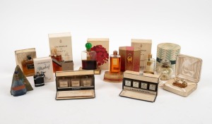 Twelve assorted boxed perfume bottles, including three bottle CHANEL set and three bottle LANVIN set