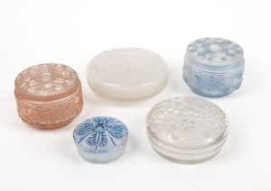 Five French Art Deco frosted glass powder bowls, the smallest branded "COTY", the largest 12cm diameter