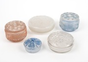 Five French Art Deco&nbsp;frosted glass powder bowls, the smallest branded "COTY", the largest 12cm diameter
