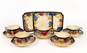 ROYAL DOULTON "Pansy" pattern set of five teacups and saucers, together with three side plates, (13 items), factory mark to the bases, the plates 15cm wide