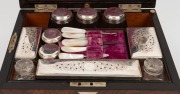 An antique burr walnut travelling&nbsp; dressing box, attractively fitted with silver plated and mother of pearl utensils, jars and bottle, 19th century, ​​​​​​​70cm high, 33cm wide, 23cm deep - 3