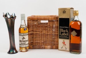 A square cane basket, cobalt carnival glass vase, a bottle of Remy Martin brandy (13FL.OZ) and a bottle of Johnnie Walker "Black Label", (4 items)