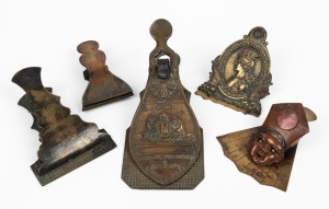 Five assorted antique document clips including an impressive "Merry Phipson & Parkers" dated 1843, 19th century, the largest 18cm high