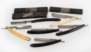 CUT THROAT RAZORS group of vintage and antique examples, three with card boxes, 19th and 20th century, (6 items)
