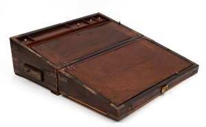 An antique English mahogany and satinwood campaign writing box with brass fittings, 19th century, 19cm high, 51cm wide, 28cm deep
