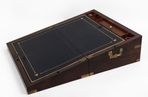 An antique English brass bound rosewood writing box with flush carrying handles, 19th century, ​​​​​​​17cm high, 45cm wide, 27cm deep