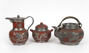 Two pewter mounted Yixing teapots and a lidded sugar bowl, 19th/20th century, (3 items), the largest 15cm high