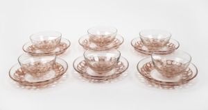 LALIQUE French glass set of six Art Deco plates and matching bowls with original brown stained finish, circa 1930, (12 items), stamped "R. Lalique", the plates 19cm diameter