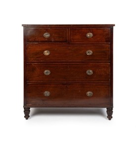 An early Colonial cedar chest of five drawers, crossbanded in beefwood and attractively adorned with string inlay to the drawer fronts and tops, full cedar secondary construction with quadraform panel back, Sydney origin, first quarter of the 19th century, 119cm high, 114cm wide, 54cm deep