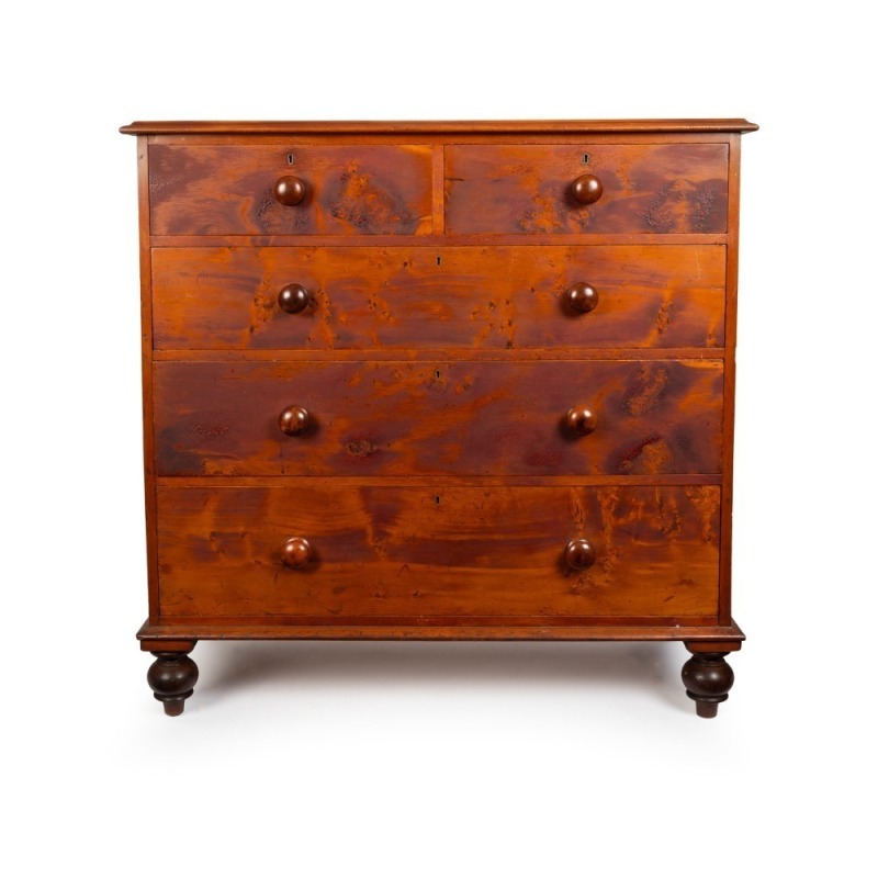 An antique Colonial Australian​​​​​​​ huon pine five drawer chest constructed from solid slabs of birdseye huon pine, full huon pine secondary construction throughout including back, Tasmanian origin, mid 19th century, 116cm high, 117cm wide, 55cm deep