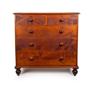 An antique Colonial Australian huon pine five drawer chest constructed from solid slabs of birdseye huon pine, full huon pine secondary construction throughout including back, Tasmanian origin, mid 19th century, 116cm high, 117cm wide, 55cm deep
