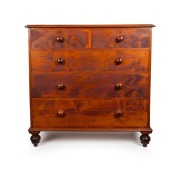 An antique Colonial Australian​​​​​​​ huon pine five drawer chest constructed from solid slabs of birdseye huon pine, full huon pine secondary construction throughout including back, Tasmanian origin, mid 19th century, 116cm high, 117cm wide, 55cm deep