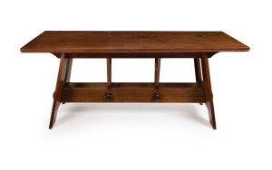 WOMBAT PARK (Daylesford, Victoria) Australian Arts & Crafts eucalypt dining table, designed by famed Australian architect RODNEY HOWARD ALSOP, circa 1908, 79cm high, 188cm wide, 88cm deep. PROVENANCE: Shapiro Auctions, Sydney. Previously Leonard Joel, "W