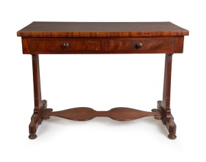 An early Colonial Australian cedar library sofa table with stretcher base and carved supports, Tasmanian origin, circa 1840, 75cm high, 107cm wide, 56cm deep