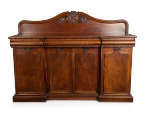 An antique Colonial Australian cedar sideboard with Thomas Hope scroll back and cedar panelled doors, Tasmanian origin, circa 1840, 137cm high, 188cm wide, 62cm deep