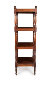 An early Colonial Australian cedar four tier wotnot with finely ring turned supports, Tasmanian origin, circa 1840, 137cm high, 42cm wide, 42cm deep