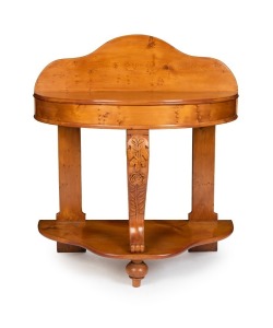 An antique Australian huon pine half round hall table with floral carved centre serpentine leg, circa 1865, 105cm high, 91cm wide, 53cm deep