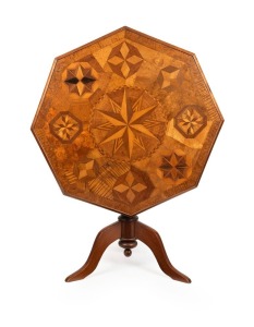 A fine quality octagonal exhibition table top inlaid with various native timbers including fiddleback blackwood, huon pine, musk, Queensland maple, native walnut, casuarina and others, on blackwood and kauri pine base, circa 1880, 80cm high, 100cm wide, 100cm deep