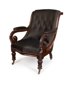 A fine quality antique Colonial Australian blackwood easy chair with carved lotus leg, serpentine front rail and black horsehair upholstery, Tasmanian origin, mid 19th century, 97cm high, 72cm across the arms