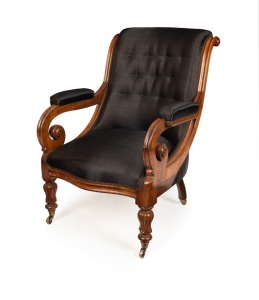 A fine quality antique Colonial Australian figured blackwood easy chair with carved lotus leg, serpentine front rail and black horsehair upholstery, Tasmanian origin, mid 19th century, 101cm high, 70cm across the arms