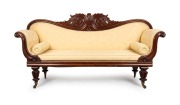 A Colonial Australian cedar double ended settee with Thomas Hope scroll back and yellow jacquard upholstery, Tasmanian origin, circa 1840, 115cm high, 220cm wide, 61cm deep