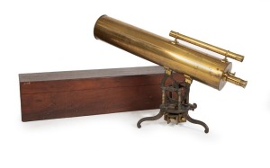 JAMES SHORT of LONDON fine and rare mid 18th century Gregorian/reflector telescope fitted with sighting scope and fine vernier adjustment, on original tripod base, and housed in a mid 19th century Australian cedar case, fitted with original additional mirrors, optic shades and lense piece. Main body 33¼" long, 6¼" diameter, sighting scope 16¾", focal length 24".