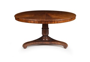 An early colonial cedar tilt-top breakfast table with handsomely selected solid book-matched top, cross-banded edge and frieze, turned and carved centurion skirt column, and finely crafted triform base with original concealed castors, full cedar secondary