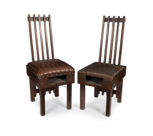 ERIC NICHOLLS pair of bible chairs from the Men's Fellowship Room, Wesleyan Methodist Church, Kew, Australian. Hardwood and leatherette, circa 1919. Rare. 104cm high