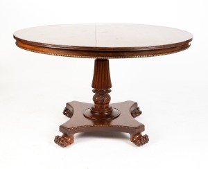 An important early Tasmanian Colonial cedar centre table with fluted and carved central column on quadraform base, circa 1830. Featuring knulled decorations, this table relates to a very similar example held at Government House in Hobart. Attributed to WILLIAM HAMILTON. For further details see article by John Hawkins in Australiana magazine, August 2009 "Furnishings of Government House, Hobart, part III". 73cm high, 122cm diameter