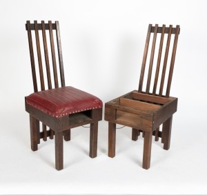 ERIC NICHOLLS pair of bible chairs from the Men's Fellowship Room, Wesleyan Methodist Church, Kew, Australian. Hardwood and leatherette, circa 1919. Rare. 104cm high