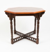EXHIBITION TABLE TOP, fine quality octagonal to occasional table top inlaid with Tasmanian specimen timbers including musk, casuarina, blackwood, huon pine, silver banksia and others, fitted to a turned stained kauri pine stretcher base, Launceston, Tasma - 2