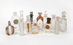 Thirteen assorted French glass perfume bottles including gilt finish and silver overlay examples, the largest 15cm high