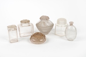 Six assorted vintage French Art Deco glass perfume and cosmetics jars, including LALIQUE, the largest 8.5cm high