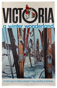 VICTORIA: "Victoria Australia, a winter wonderland. Falls Creek, Hotham Heights, Mount Buffalo, Mount Buller." c.1960 Photographic poster, published by the Tourist Development Authority of Victoria. 99 x 63.5cm 