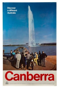 CANBERRA: Photographic poster titled "Discover a different Australia. Canberra." Published by Canberra Tourist Bureau (Department of the Interior) Printed by Leigh-Mardon Pty Limited. 99 x 63.5 cm 