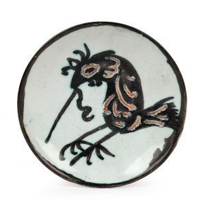 JOHN PERCEVAL & ARTHUR MERRIC BOYD pottery dish with hand-painted bird decoration, signed "Perceval" and incised "A. M. Boyd", 14.5cm wide