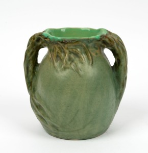 BALLARD green glazed pottery vase with windswept handles, incised "Ballard, 1931", 16cm high