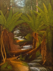 NICHOLAS CHEVALIER (1828-1902), I.) Refuge Cove, Wilson's Promontory, II.) Ferntree Gully, Mount Useful, Gipps Land, III.) Serpentine Creek Falls, McAlister River, Gippsland, three chromolithographic prints by Charles Troedel laid down on backing card; tw