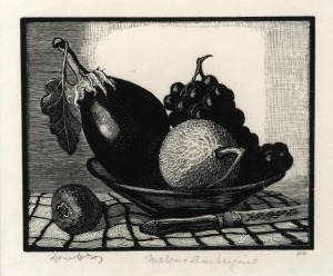 LIONEL ARTHUR LINDSAY (1874-1961), Melon & Aubergine, woodblock print, signed and titled in the lower margin, ​​​​​​​13 x 15cm, 27 x 32cm overall