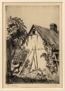 LIONEL ARTHUR LINDSAY (1874-1961), A Cottage Idyl, dry point etching, signed and titled in the lower margin, 13.5 x 9.5cm, 35 x 29.5cm overall