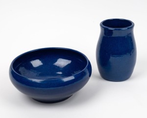 OSREY blue glazed pottery vase and bowl, (2 items), both incised "Osrey, Ballarat, 1924", the vase 13.5cm high