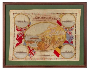"A SOUVENIR OF THE GREAT WAR AND THE GLORIOUS PART PLAYED BY AUSTRALIA AND NEW ZEALAND", circa 1919 linen tea-towel with scenes depicting the ANZACS landing at Gallipoli, various battle cruisers and the flags of the Allies. Framed & glazed, overall 59 x 74.5cm.