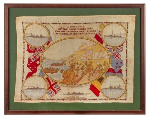 "A SOUVENIR OF THE GREAT WAR AND THE GLORIOUS PART PLAYED BY AUSTRALIA AND NEW ZEALAND", circa 1919 linen tea-towel with scenes depicting the ANZACS landing at Gallipoli, various battle cruisers and the flags of the Allies. Framed & glazed, overall 59 x 7