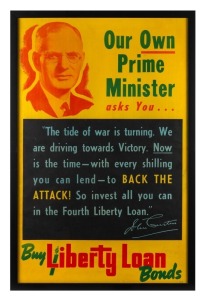 "Our Own Prime Minister Asks You. Buy 4th Liberty Loan Bonds" colour process lithographic poster, c.1943. Text continues “‘The tide of war is turning. We are driving towards victory. Now is the time, with every shilling you can lend, to back the attack! S